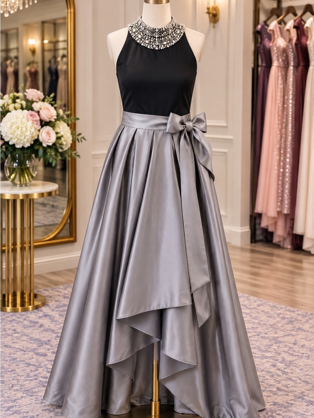 Camille La Vie Black and Silver Beaded Halter Gown